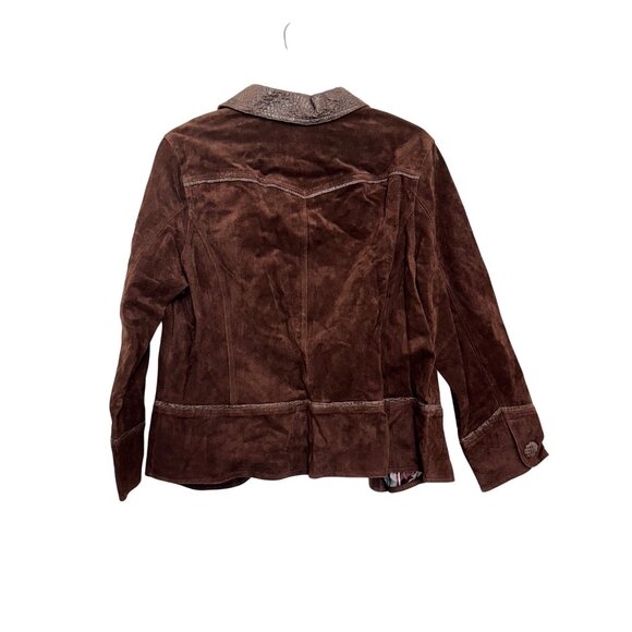 Live A Little Womens Cropped Jacket 1X Brown Embossed Trim Button Down - Picture 5 of 5